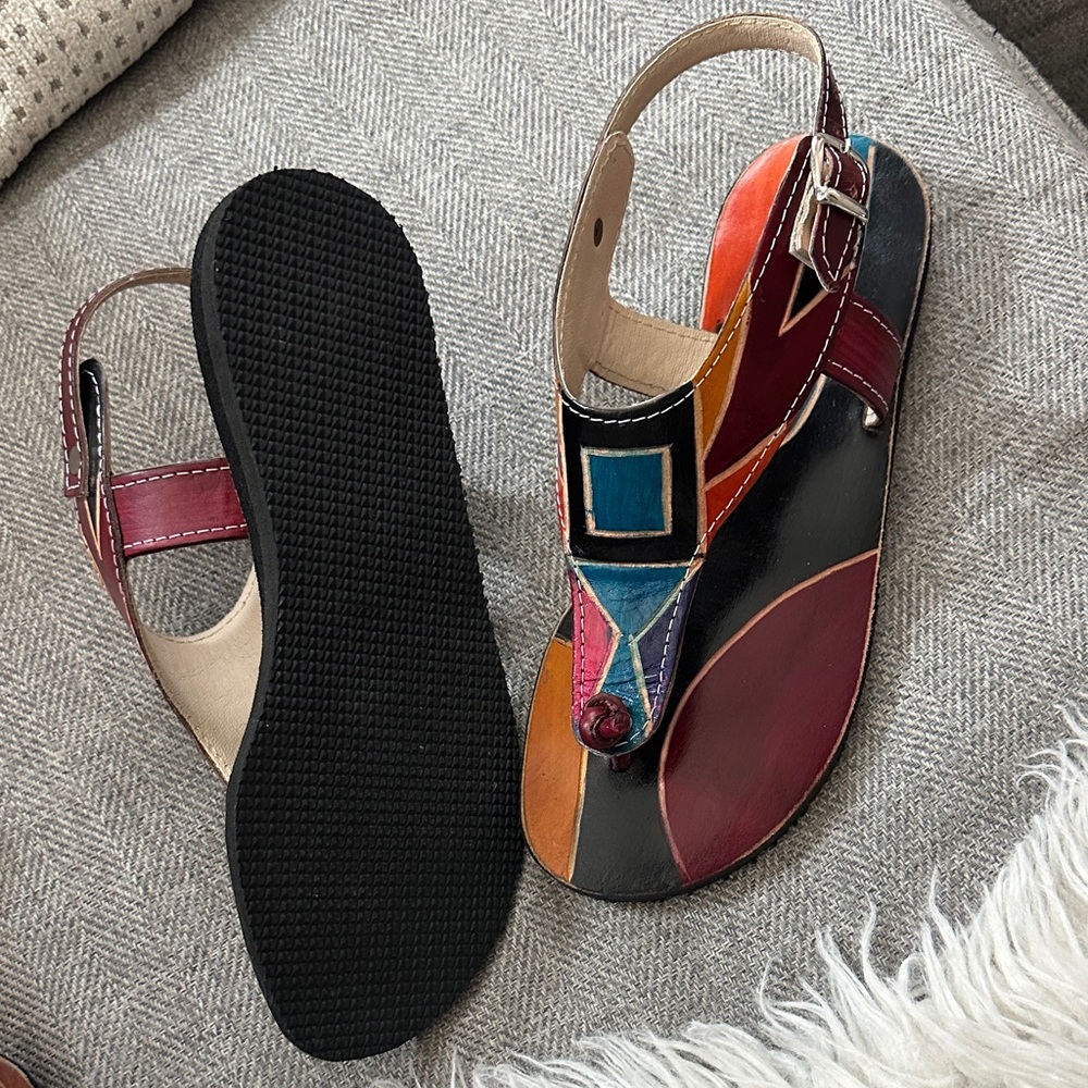 Genuine Tooled Leather Multicolor Geometric Women's Sandals - Picture 6 of 9